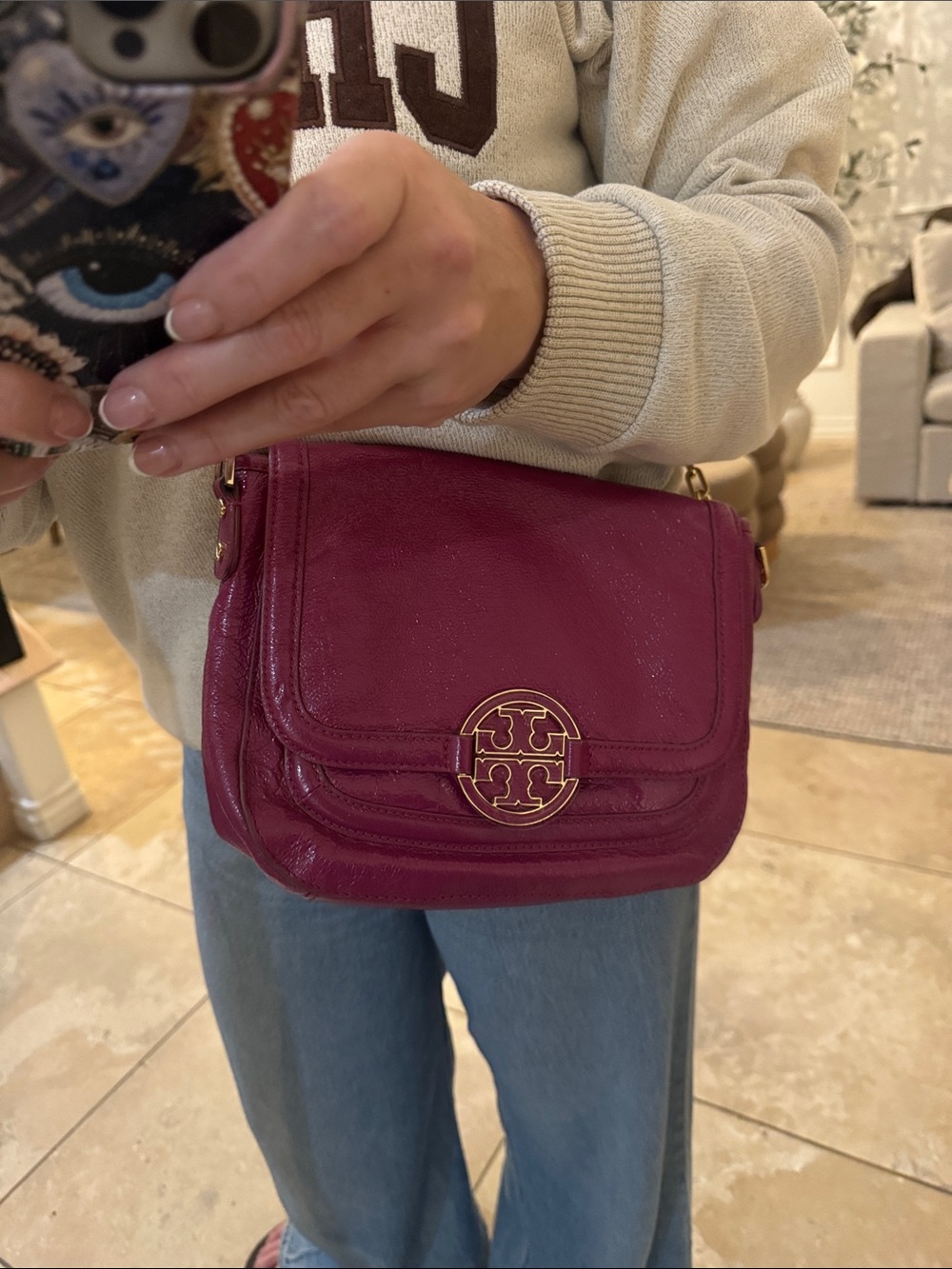 Tory Burch Magenta Leather Crossbody with Gold Logo
